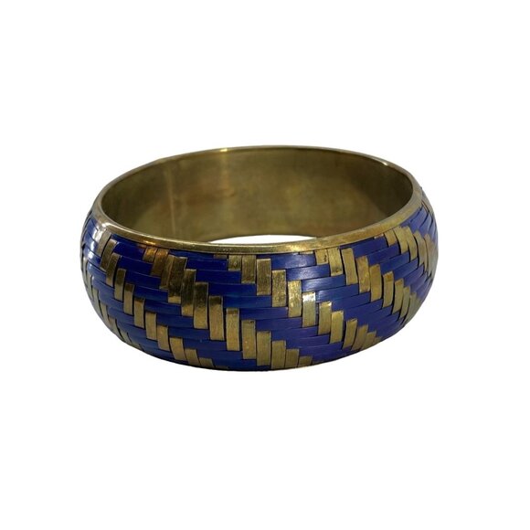 Vintage Gold & Blue Woven Brass Bangle Bracelet - Picture 1 of 3